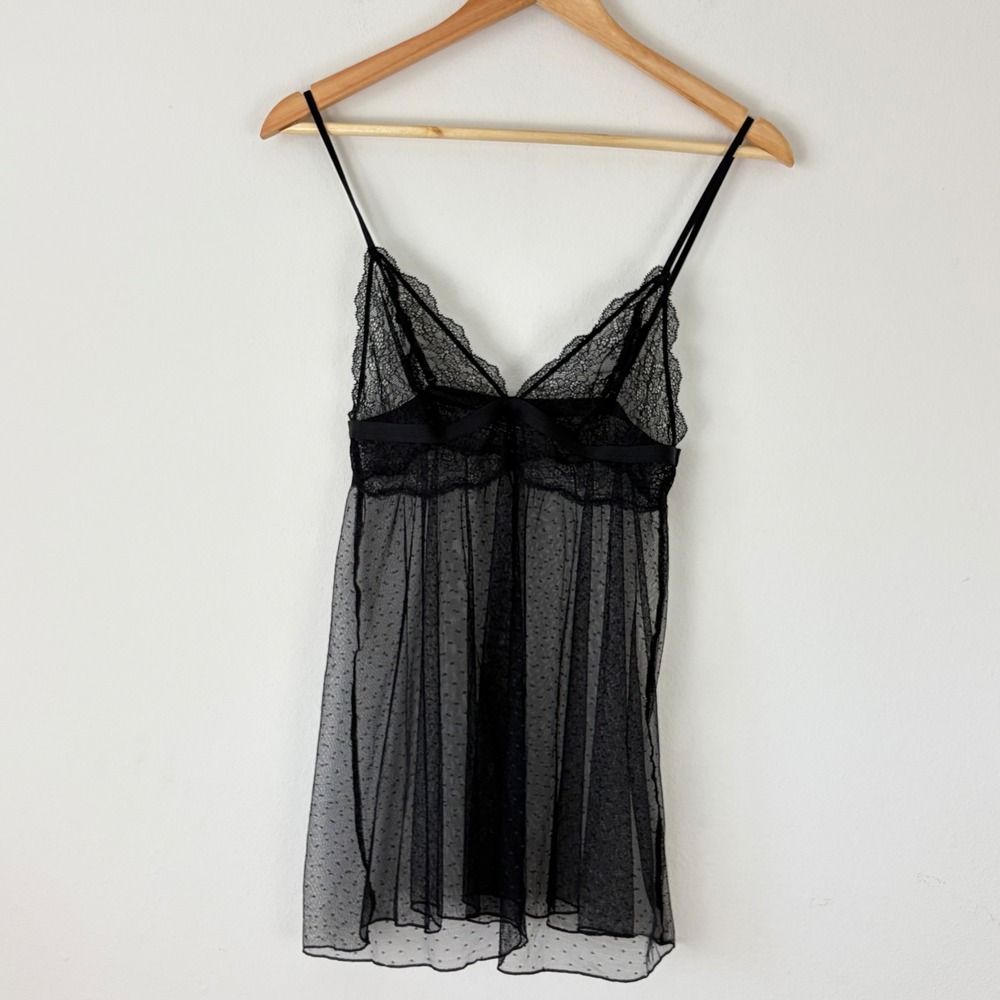 Victoria's Secret Black Lace Swiss Dot Mesh Babydoll Chemise Nightie Sz. Medium